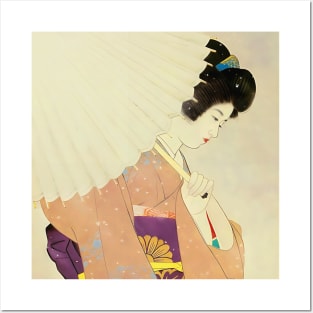 Elegant Beauty: A Portrait of a Geisha with a Parasol - vintage Japanese art Posters and Art